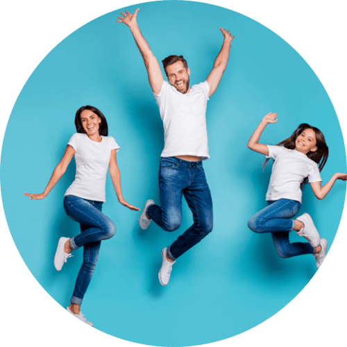 Family Excited  Jumping Cyan Background