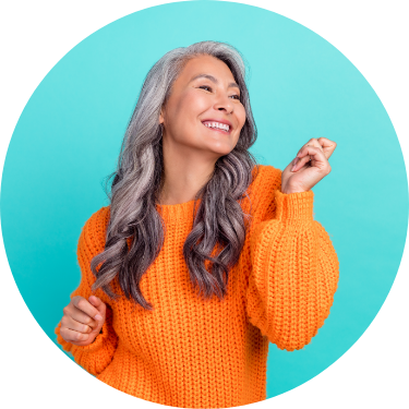 Grey Haired Female Orange Sweater Cyan Background-1
