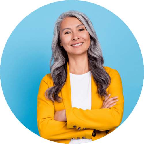 Grey Haired Female Yellow Sweater Cyan Background