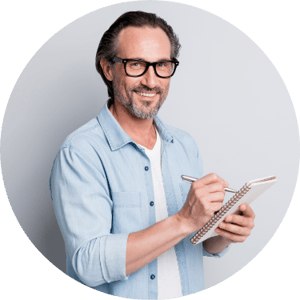 Male with Glasses and Tablet Grey Background