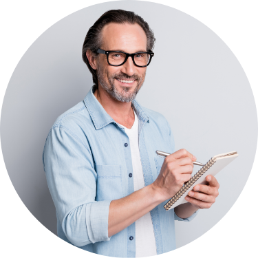 Male with Glasses and Tablet Grey Background