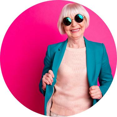 Retired Female Smiling in Sunglasses Magenta Background