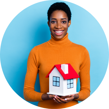 Young Female Holding House Cyan Background