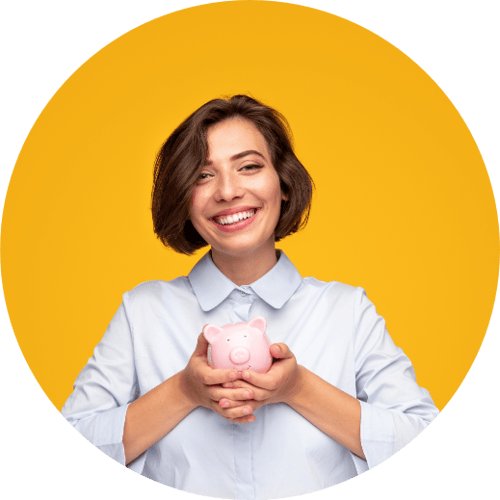 Young Female Holding Piggy Bank Yellow Background