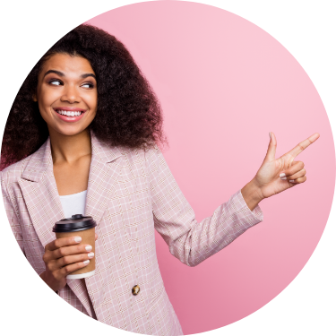 Young Female with Coffee Pointing Pink Background